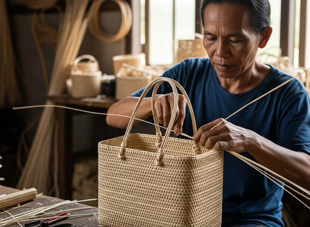 proses-menganyam-tas-rotan-natural